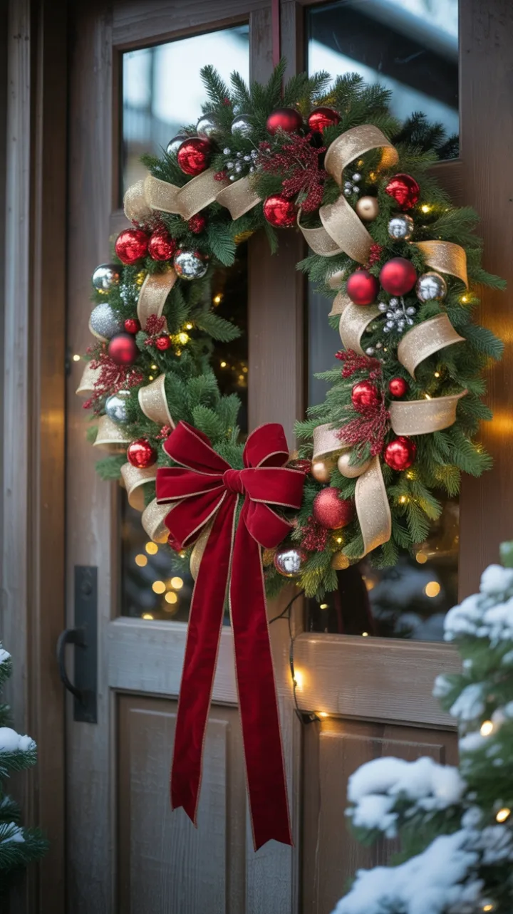 Crimson Bow Crowns a Glowing Wreath on a Snow-Dusted Rustic Door
