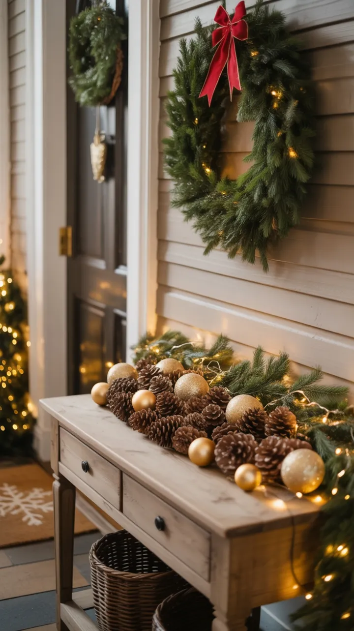 Warm Rustic Christmas Entryway with Twinkling Lights and Evergreen Wreath