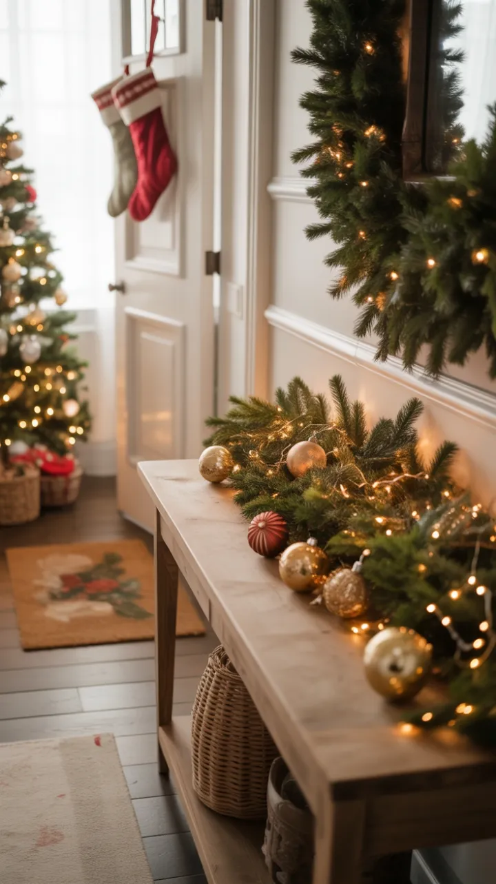 Cozy Rustic Welcome with Pine Garland and Twinkling Lights