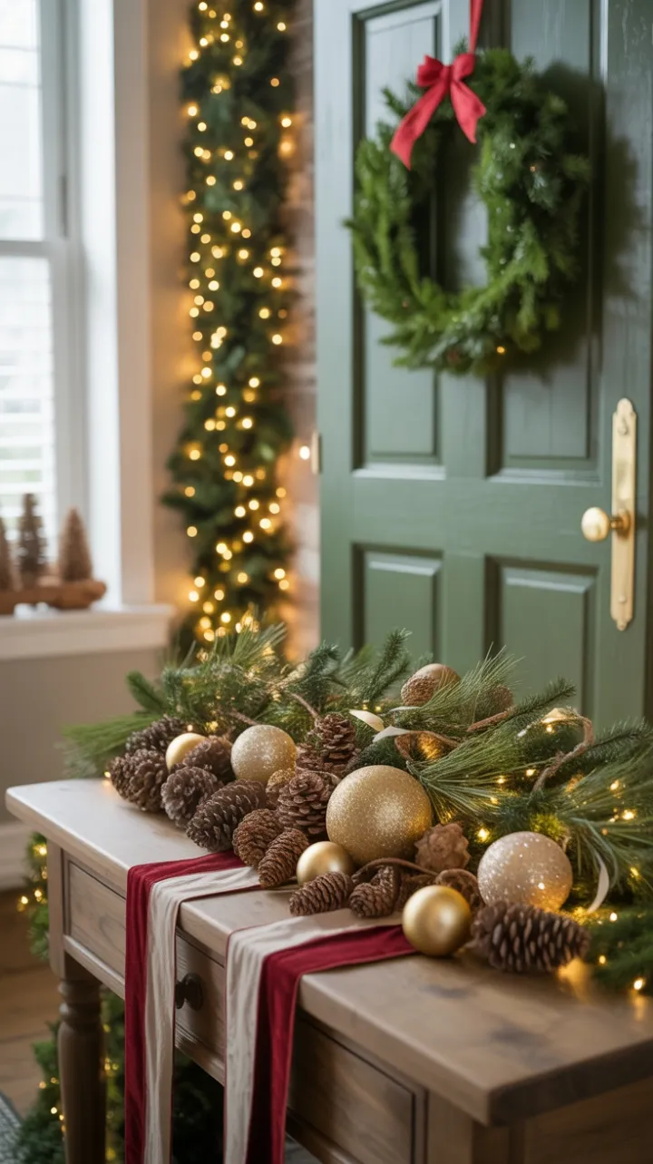 Warm Rustic Holiday Welcome with Twinkling Garland and Velvet Ribbons