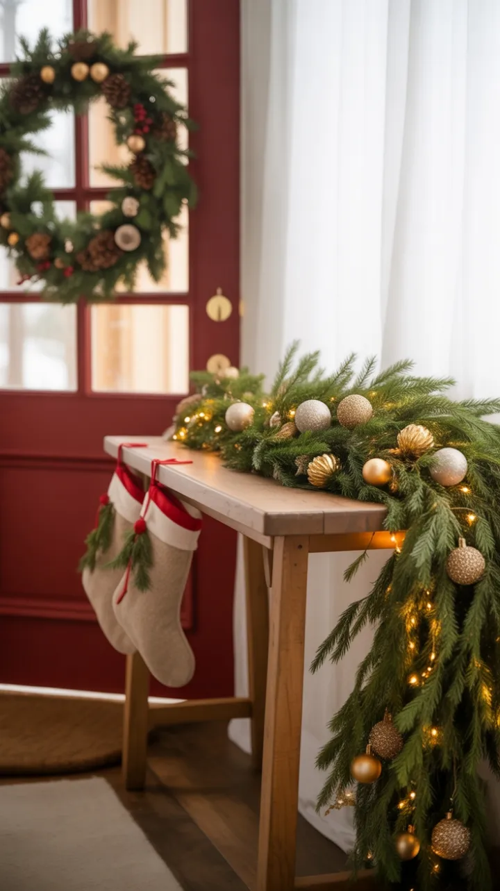 Cozy Holiday Welcome with Rustic Console, Evergreen Garland and Warm Lights