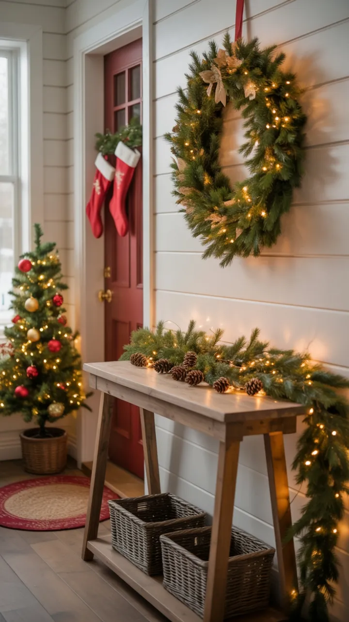 Cozy Rustic Christmas Entryway Bathed in Warm Twinkle Lights