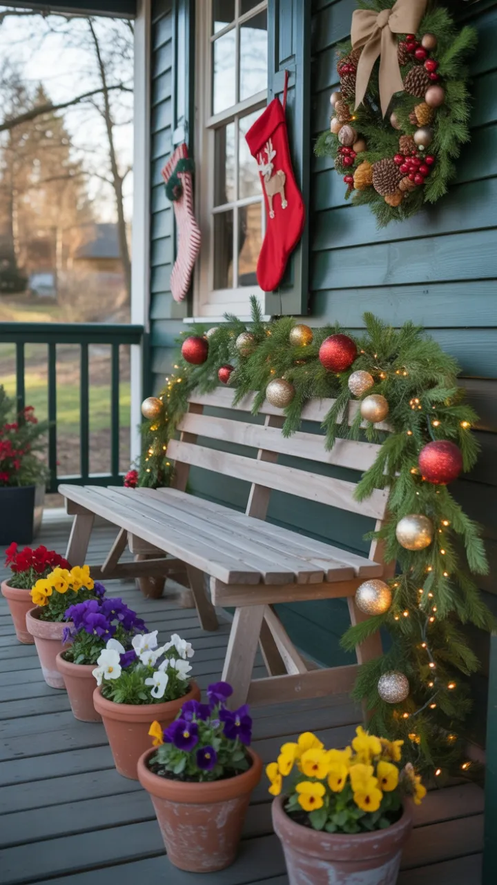 Sunlit Rustic Porch Dressed in Garland, Twinkle Lights and Cozy Stockings