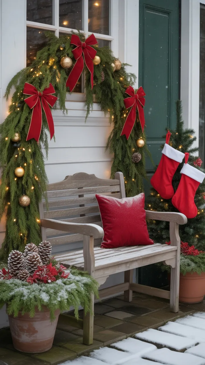 Snow-Kissed Welcome on a Weathered Christmas Porch