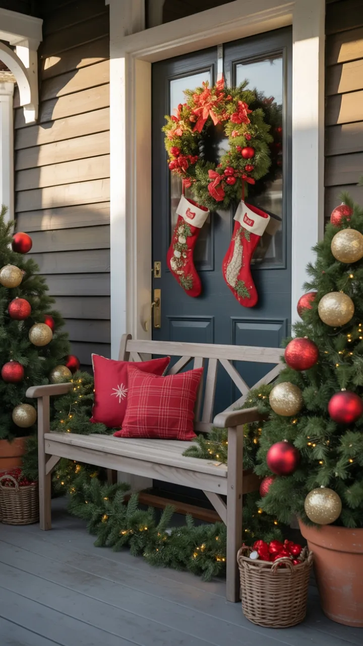 Sunlit Christmas Porch with Twinkling Garland and Rustic Bench