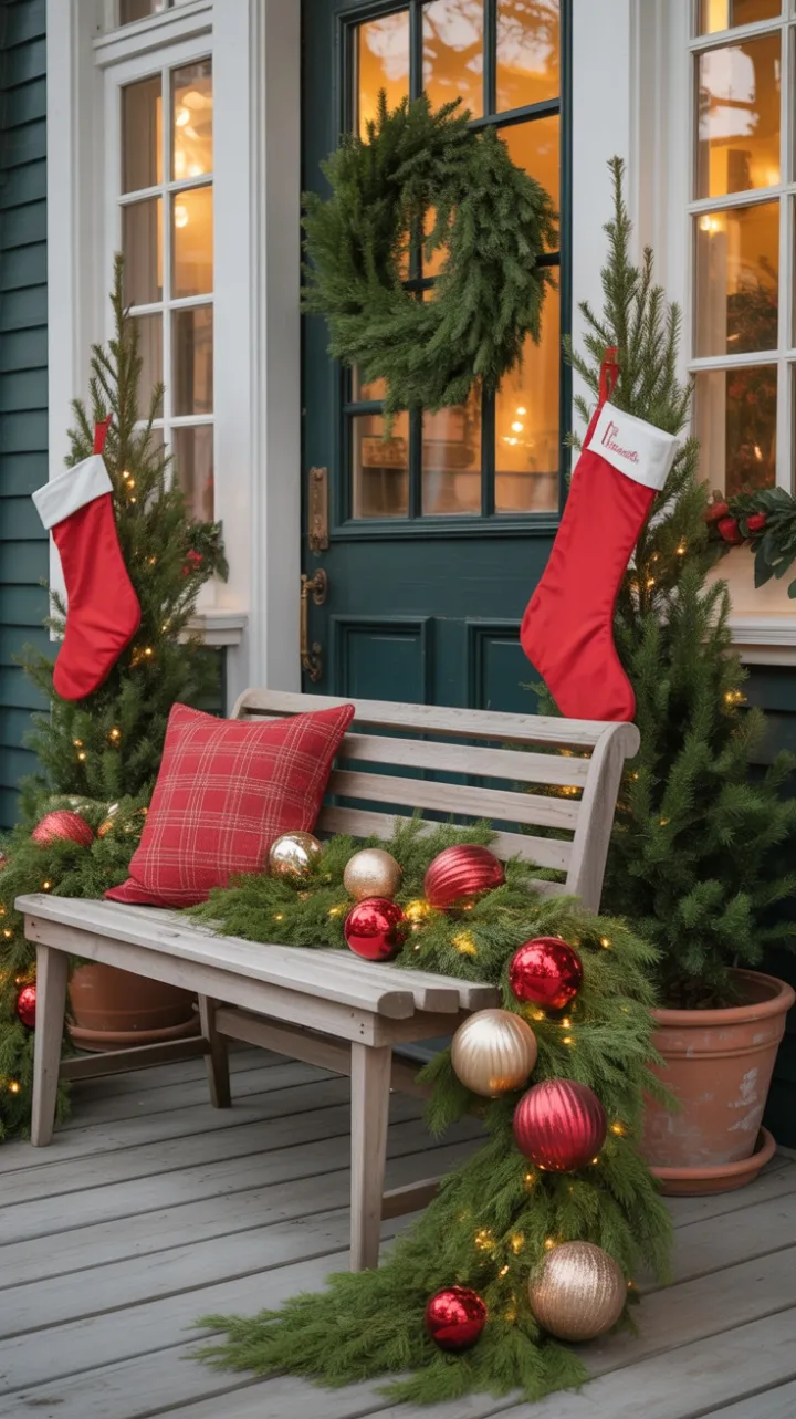 Cozy Christmas Welcome on a Garland-Draped Front Porch