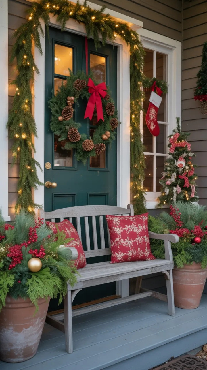 Twinkling Rustic Christmas Porch Dressed in Evergreens and Cheer
