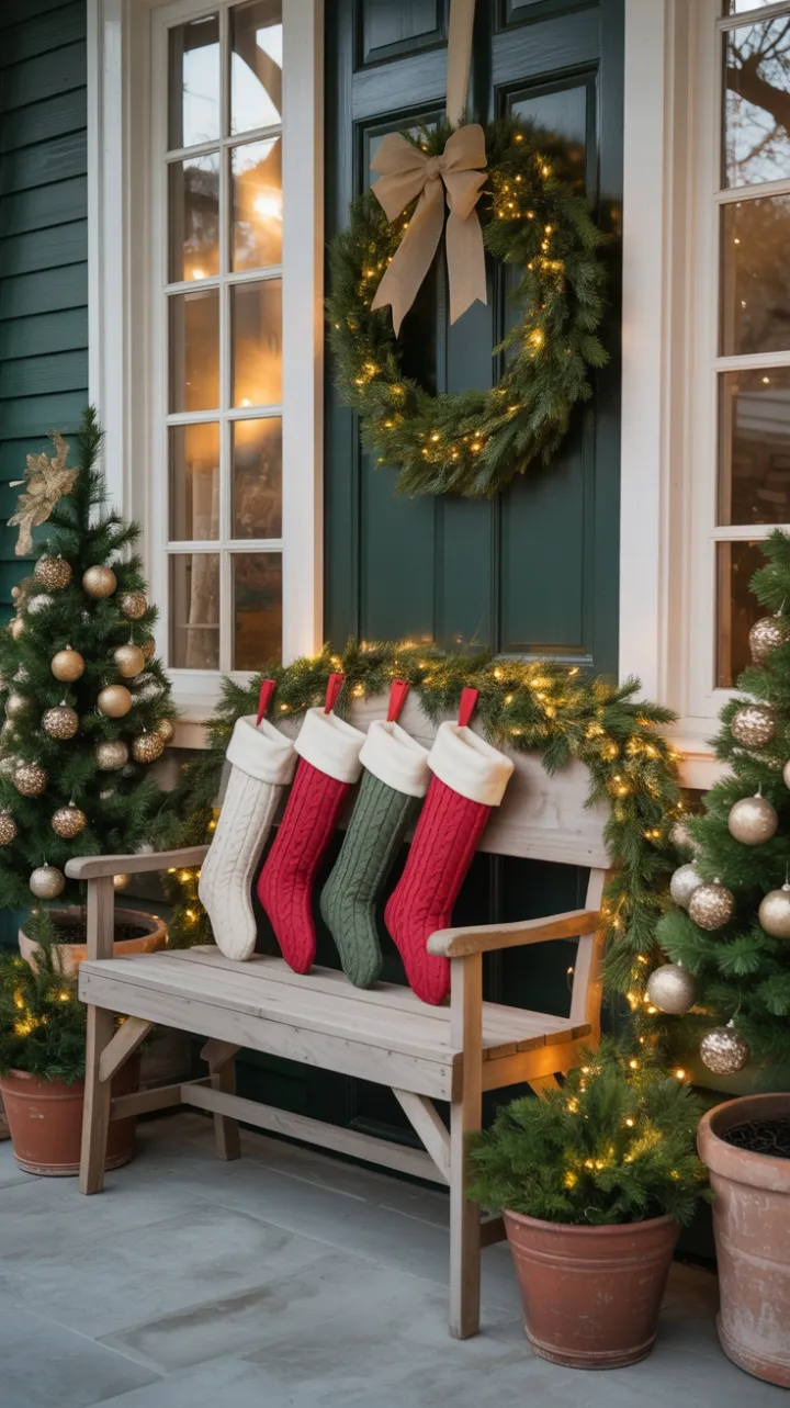 Rustic Christmas Porch Bathed in Warm Golden Light