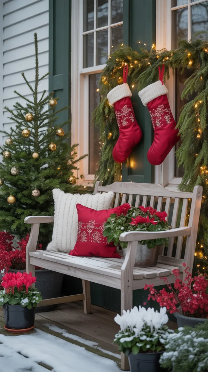Snow-Kissed Porch of Stockings, Lights, and Evergreen Cheer