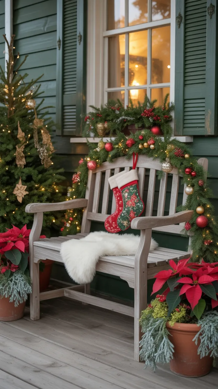 Twinkling Porchlight and a Weathered Bench Dressed for Christmas