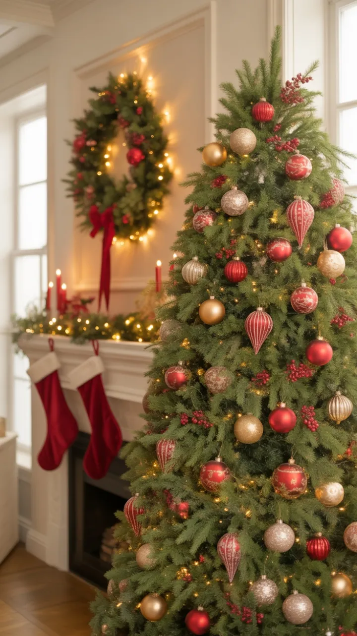 Warm and Inviting Christmas Living Room Dressed in Red Gold and Silver