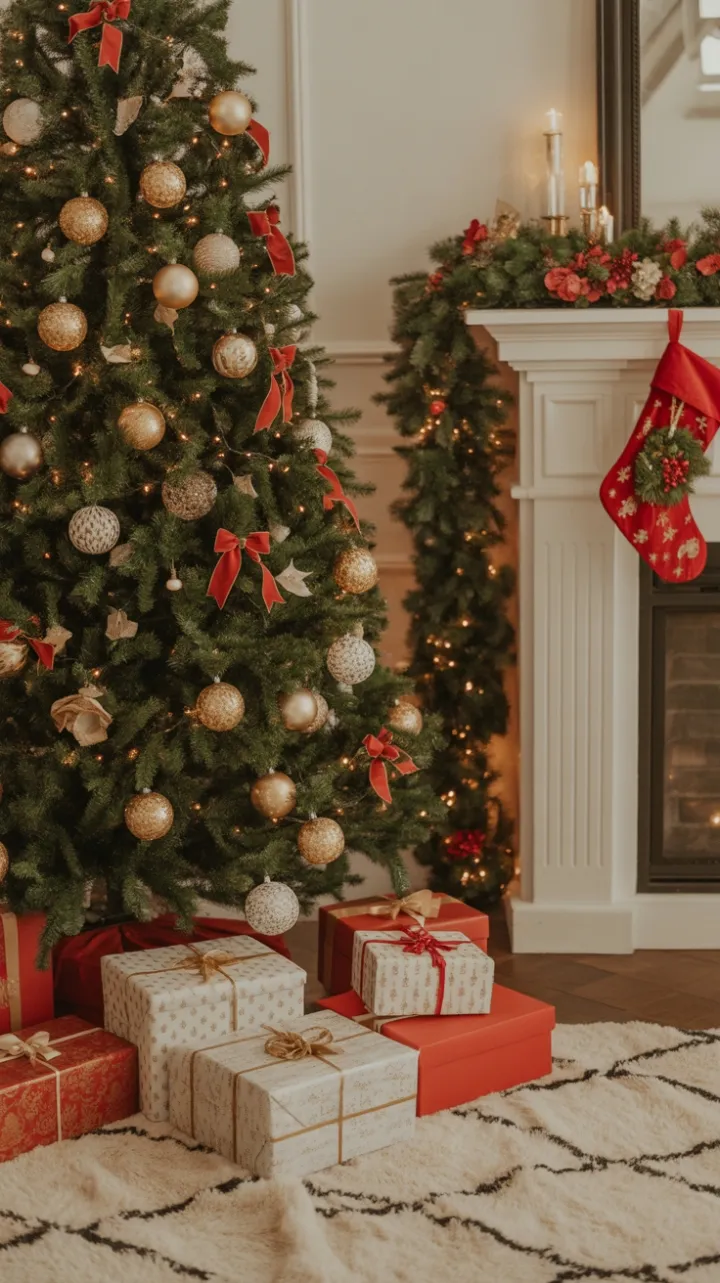 Warmth and Wonder Under a Gold and Red Christmas Tree