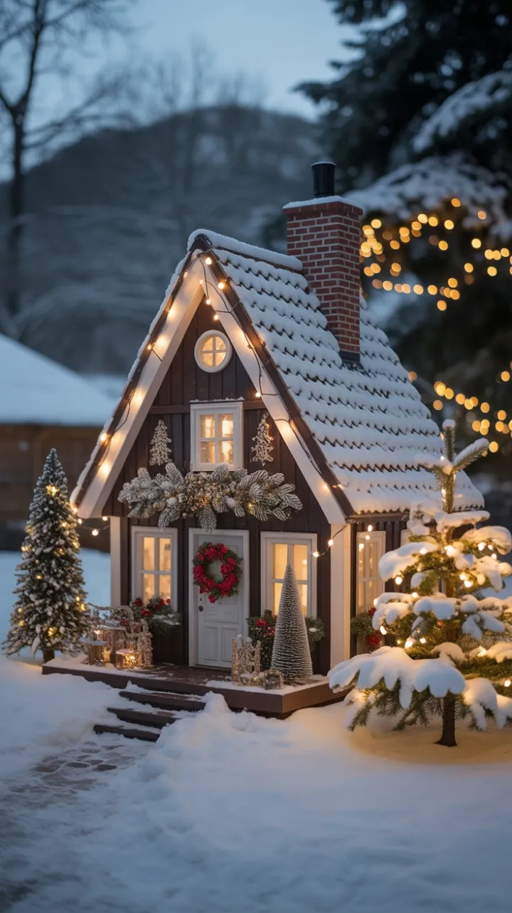 Twinkling Miniature Christmas Cottage in a Snow‑Kissed Garden