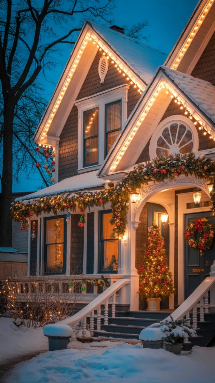 Snow-Dusted Victorian Home Aglow with Christmas Charm