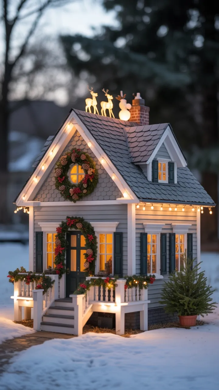 Snow-Kissed Victorian Miniature Cottage Aglow with Christmas Cheer