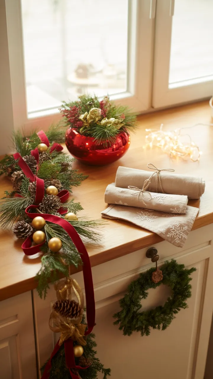 Cozy Handmade Christmas Countertop with Velvet Ribbons, Twinkling Lights, and Evergreen Charm