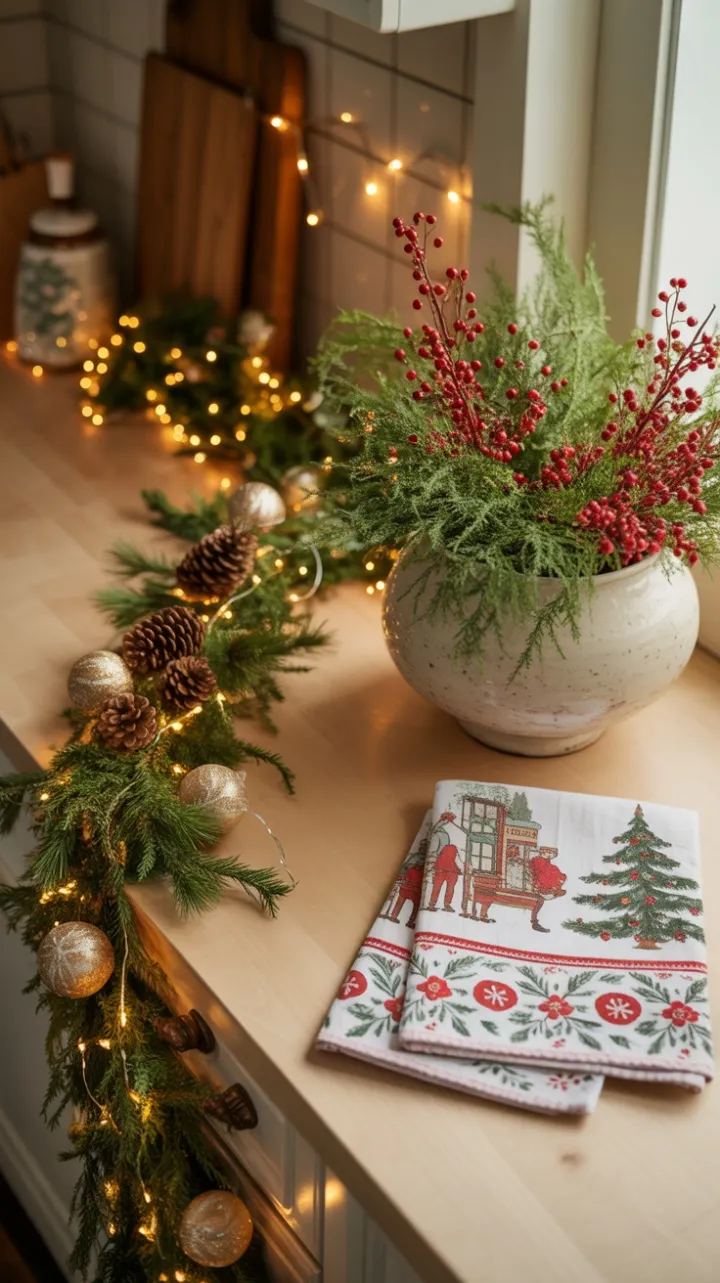 Cozy Christmas Countertop Dressed in Pine, Berries and Golden Light