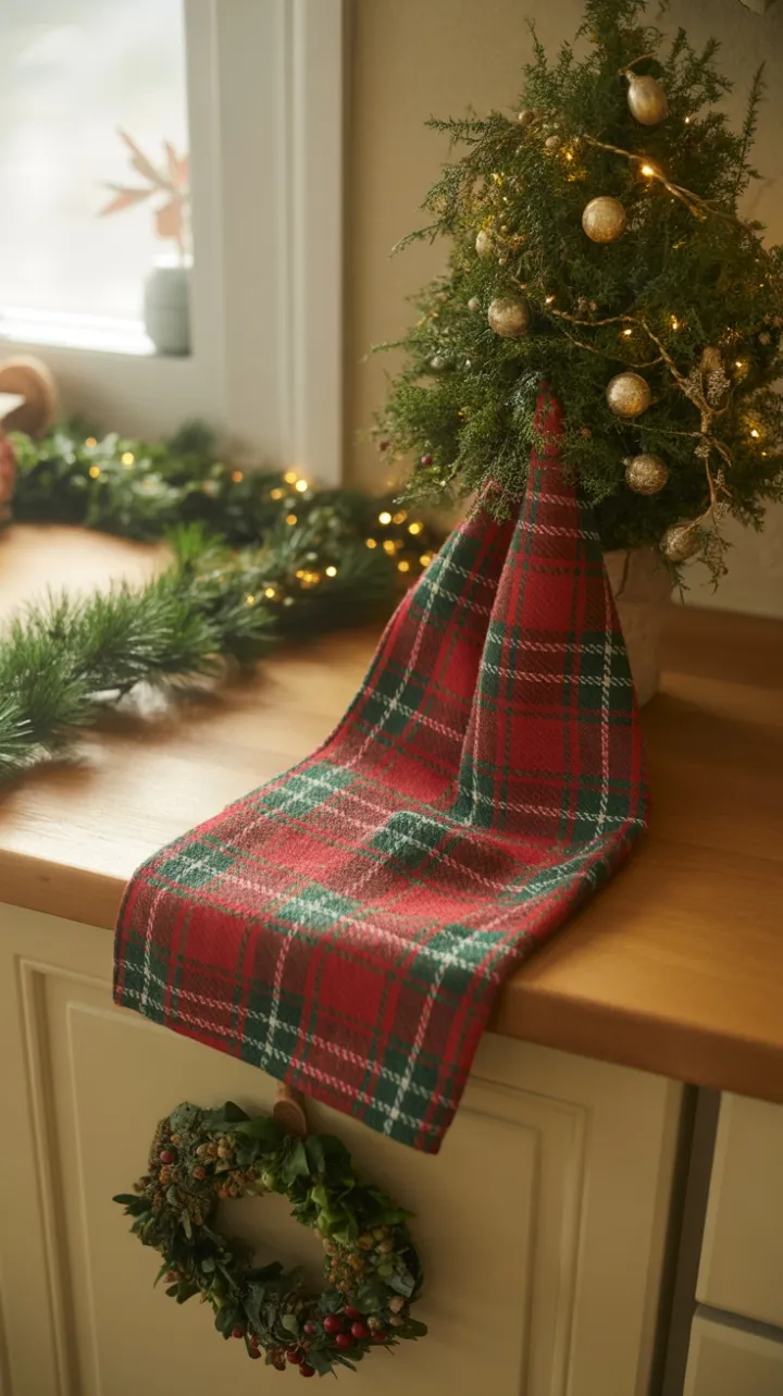 Plaid Towels and Twinkle Lights in a Cozy Christmas Kitchen