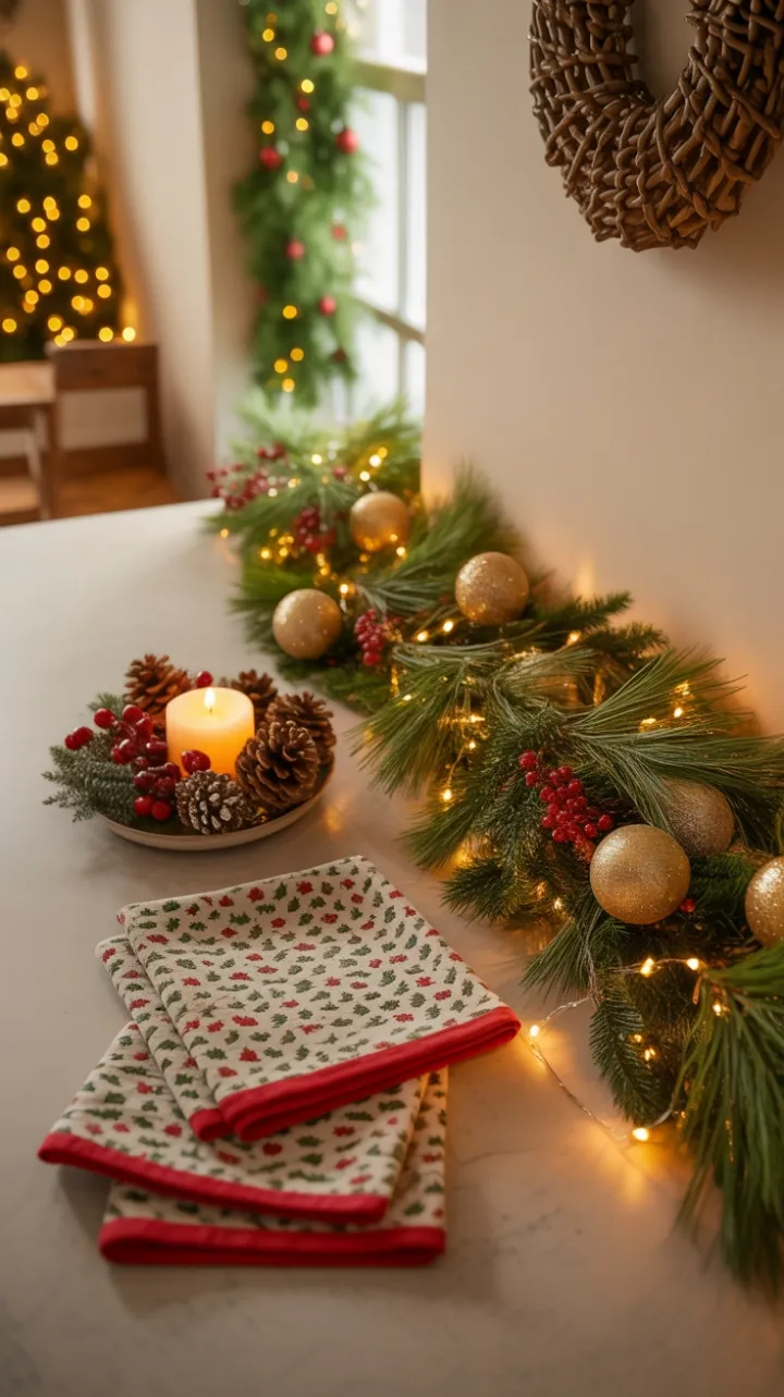Candlelit Christmas Countertop Dressed in Garland, Gold and Cozy Cheer