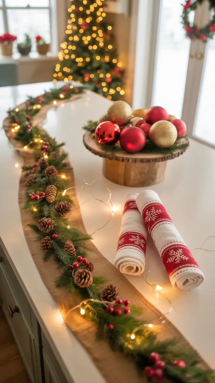 Cozy Kitchen Holiday Glow with Burlap Garland and Golden Ornaments