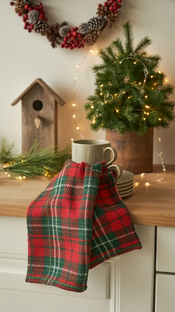 Cozy Christmas Countertop with Plaid Mugs and Pine Wreath