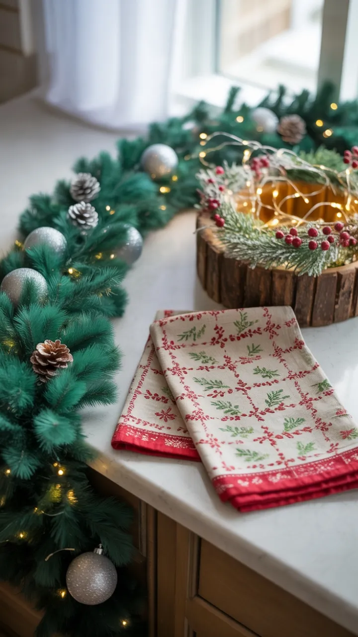 Emerald Garland and Twinkling Lights Warm a Cozy Holiday Kitchen