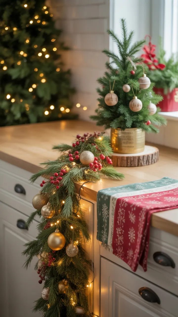 Cozy Christmas Kitchen Garland and Miniature Tree Aglow