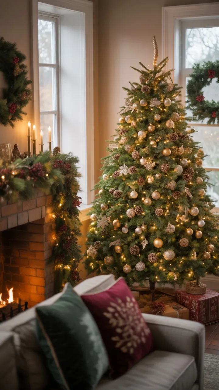 Firelight and Evergreens in a Cozy Christmas Living Room