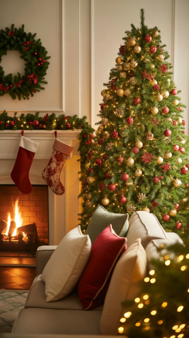 Warmth and Wonder in a Gold and Red Christmas Living Room