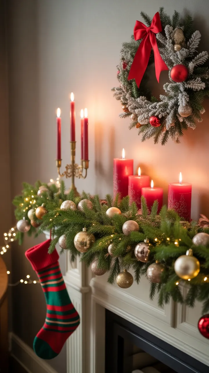 Heirloom Glow – A Cozy Christmas Mantel of Gold, Silver, and Candlelight