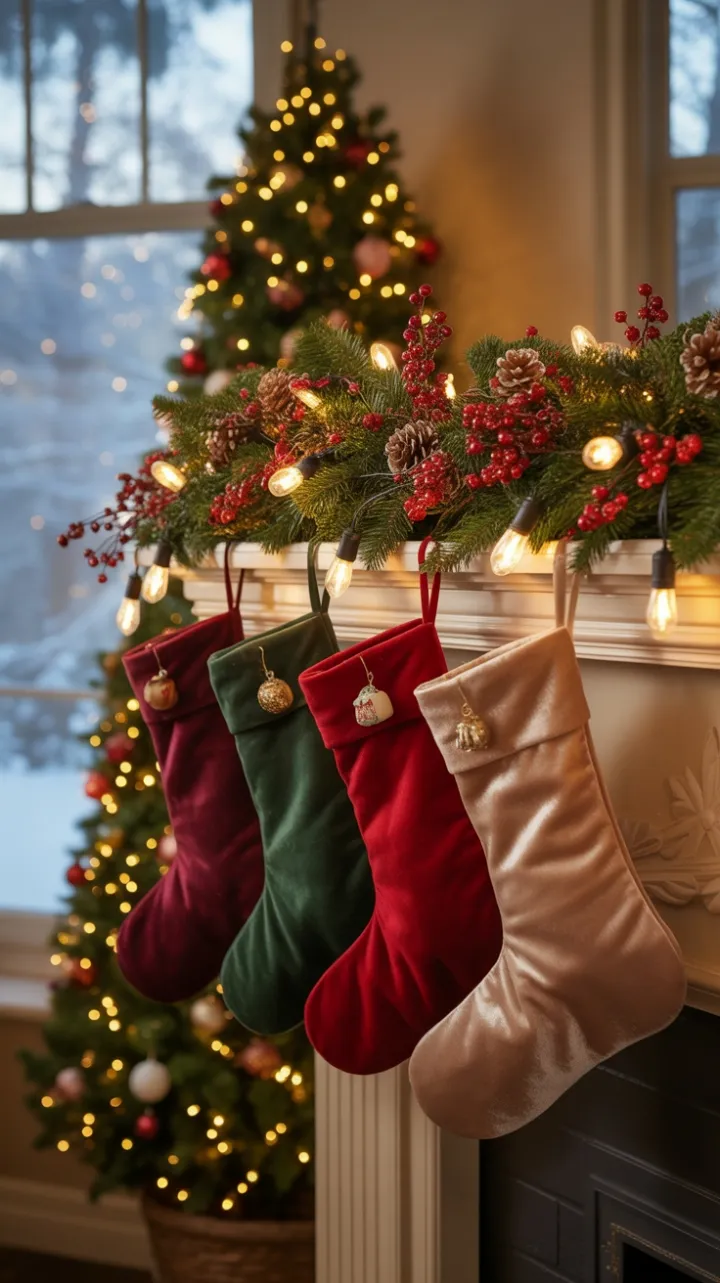 Velvet Stockings, Berry Garland, and Twinkling Christmas Warmth