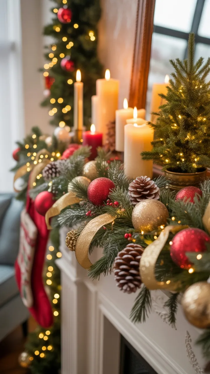 Gilded Garland and Candlelit Warmth on a Cozy Christmas Mantel