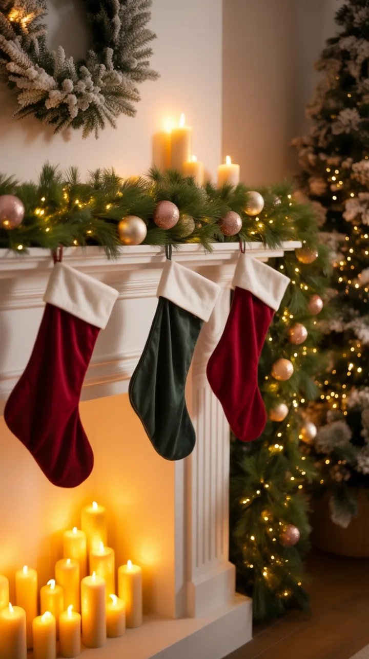 Candlelit Christmas Mantel Dressed in Velvet, Gold, and Evergreen
