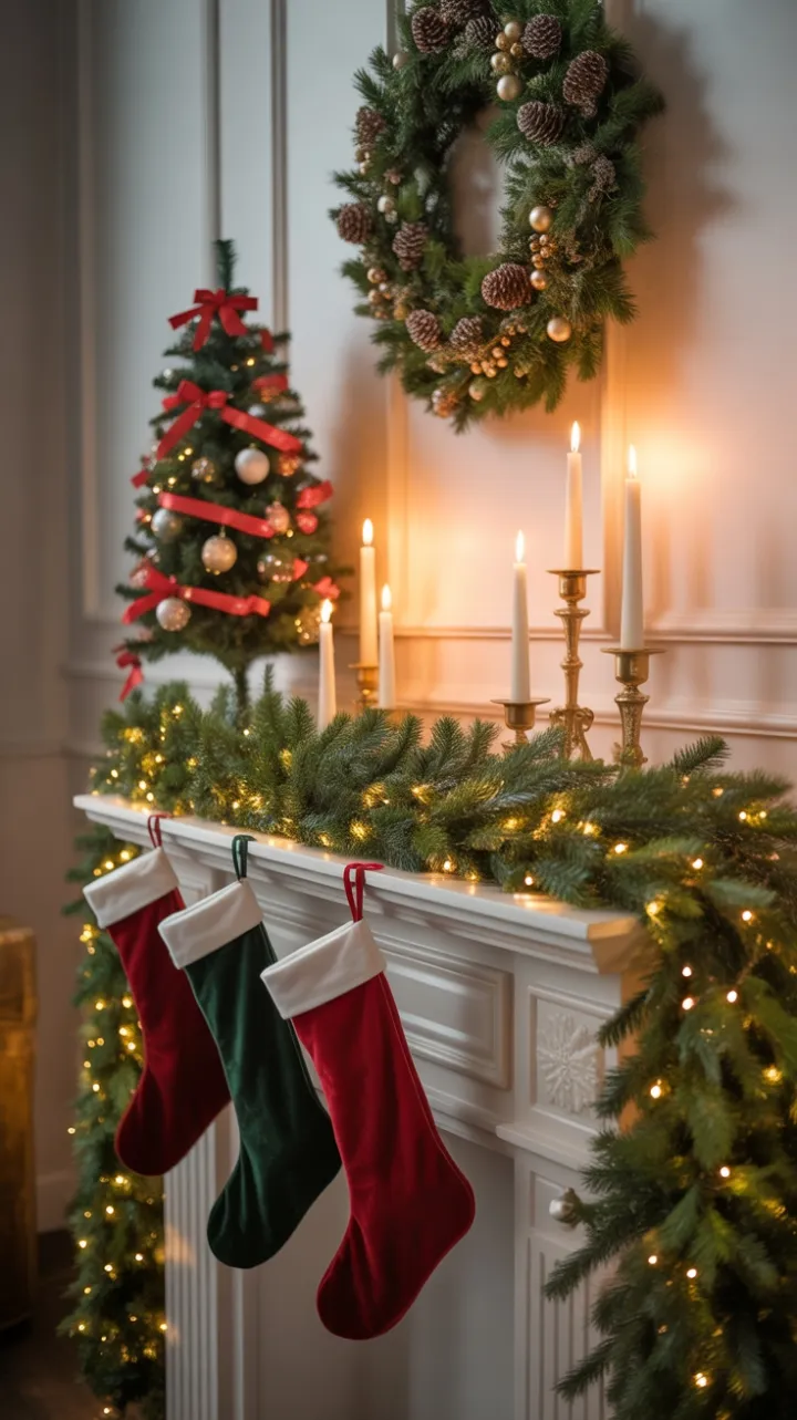 Velvet Stockings and Candlelit Cheer on a Garland-Draped Mantel