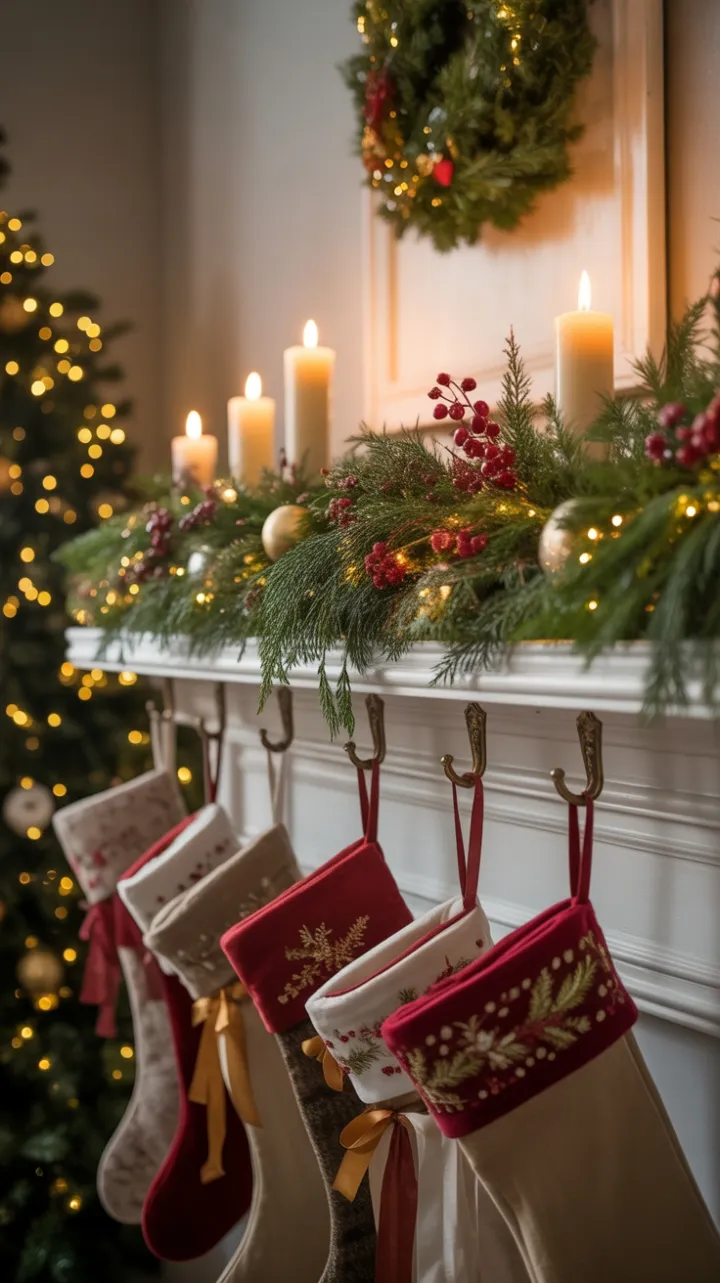 Candlelit Holiday Mantel Draped in Pine, Berries and Golden Ornaments