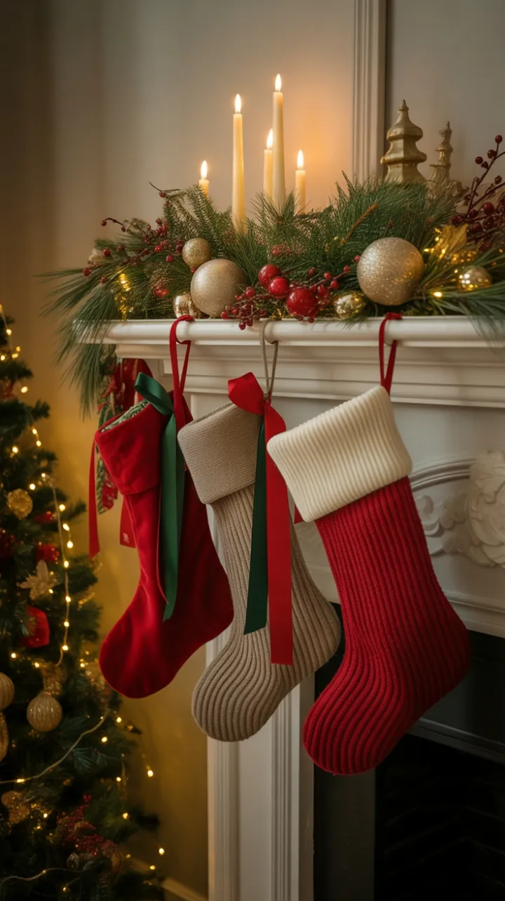 Twinkling Mantel with Velvet Stockings, Pine Garland and Golden Glow