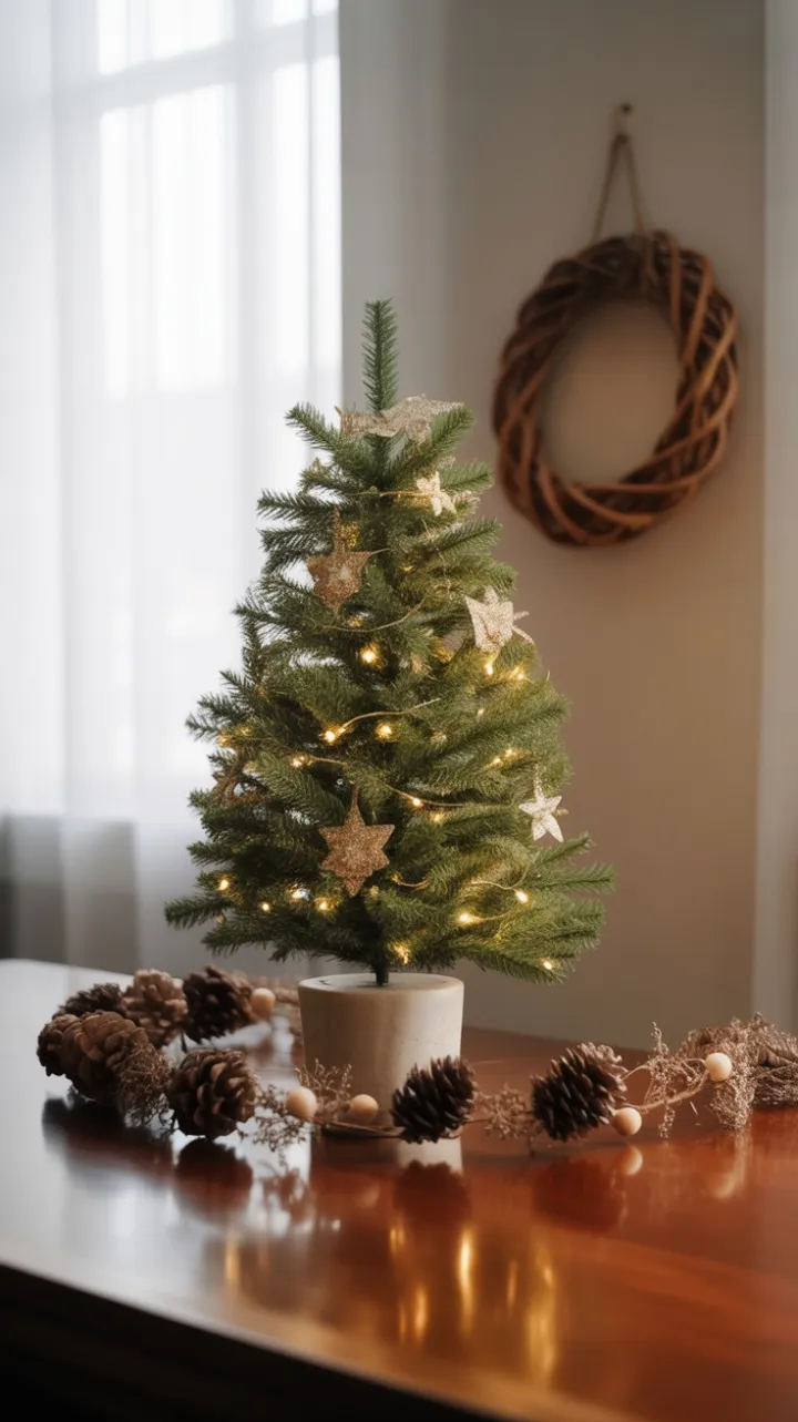 Miniature Christmas Tree Bringing Warmth to a Polished Office Desk