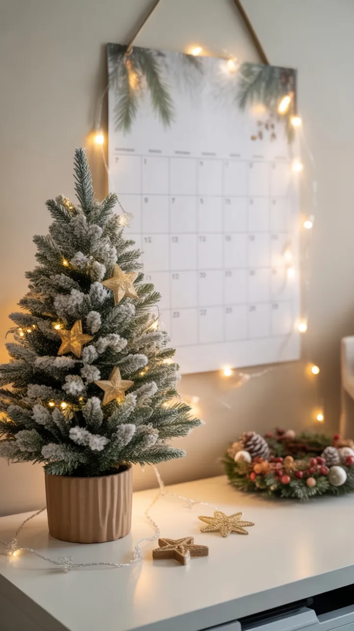 Cozy Holiday Desk with Frosted Mini Tree and Warm Lights