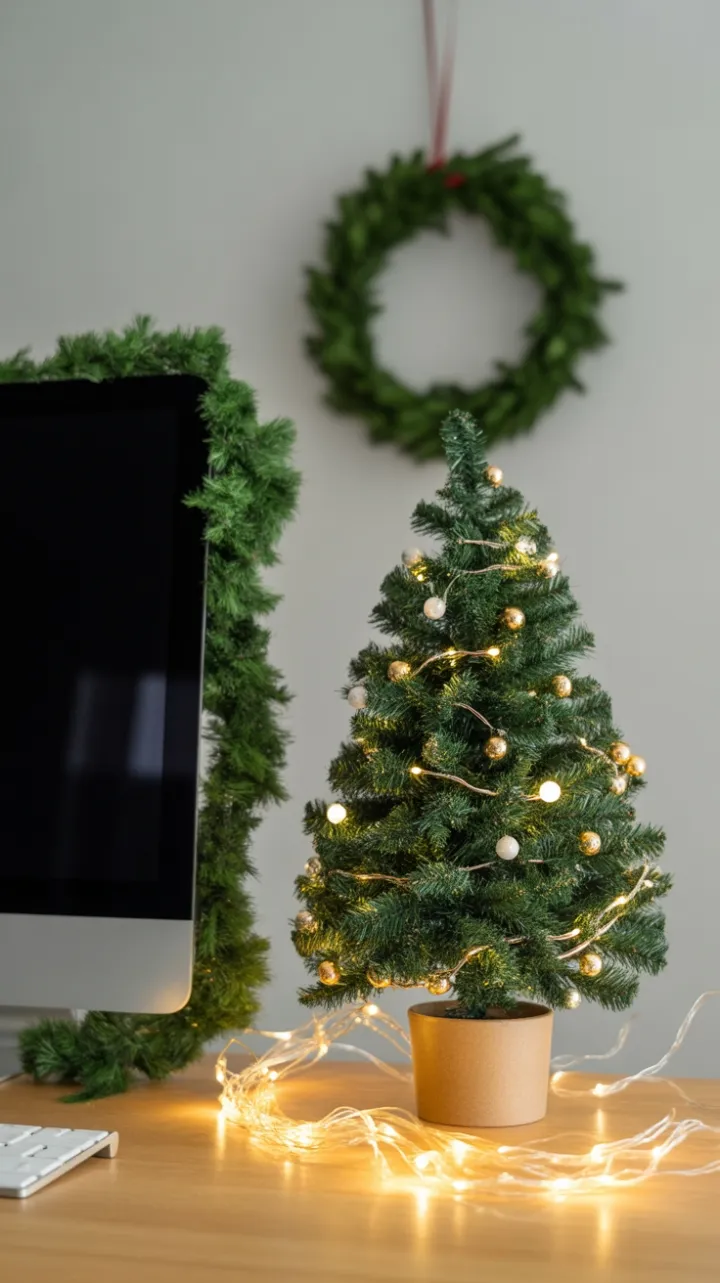 Warm Deskside Holiday with Mini Tree and Twinkling Lights
