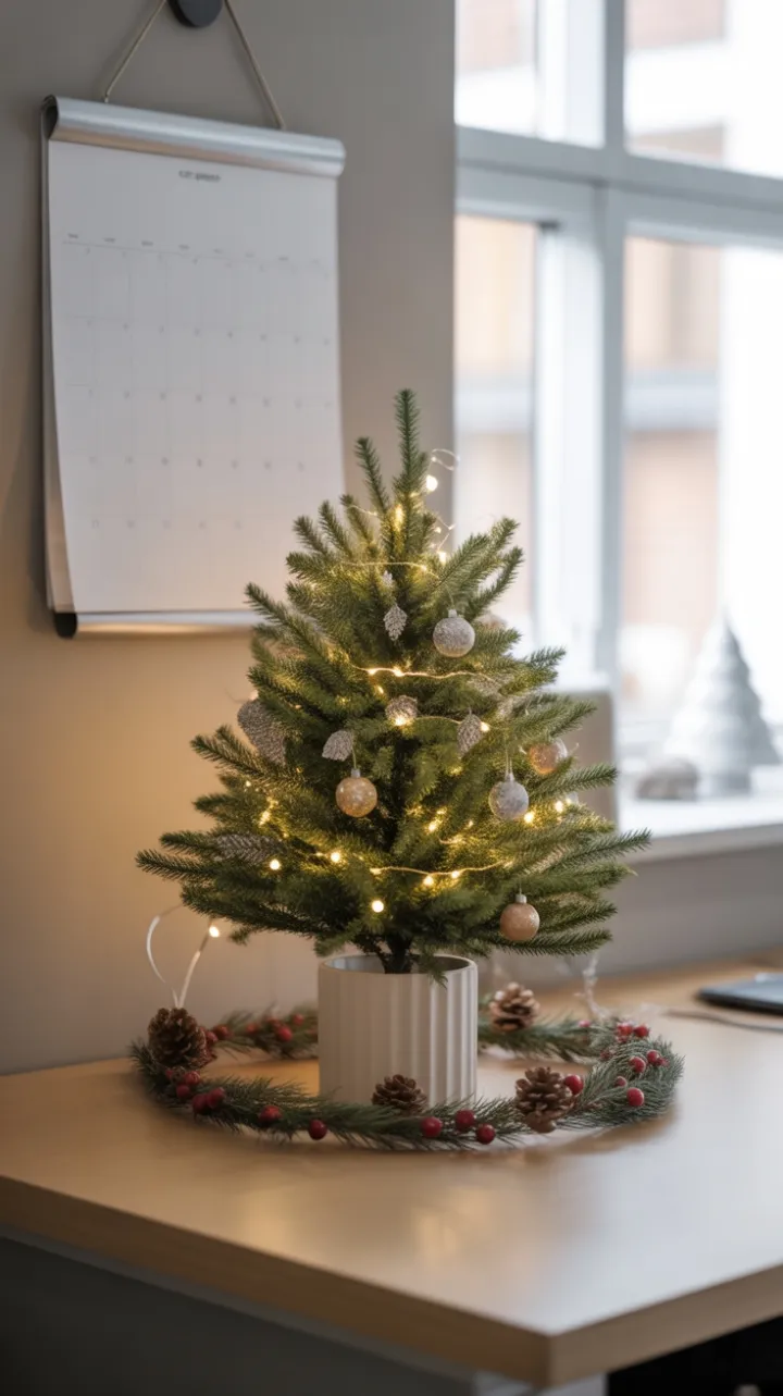 Cozy Miniature Christmas Tree Brings Warmth to a Sleek Modern Desk