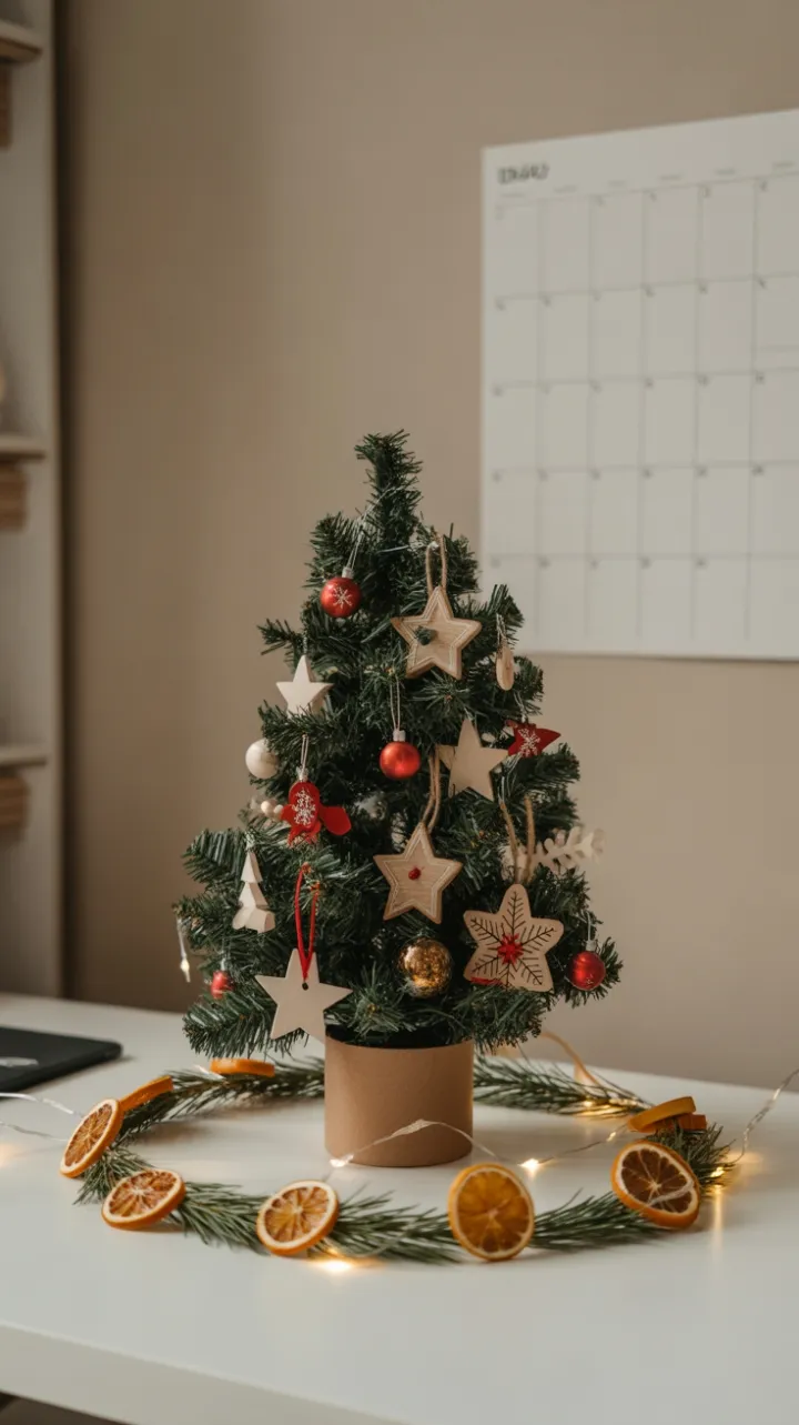 Handmade Mini Christmas Tree Illuminates a Minimalist Office Desk
