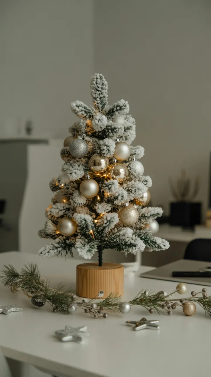 Tiny Flocked Christmas Tree Illuminates a Minimalist Office Desk