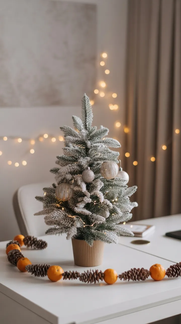 Minimalist Christmas Desk Dressed in Warm Lights and Rustic Charm