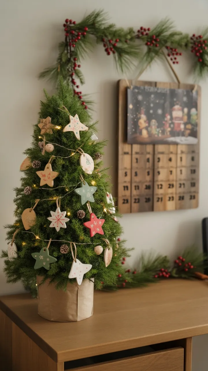 Cozy Handcrafted Mini Christmas Tree Brightening a Wooden Desk