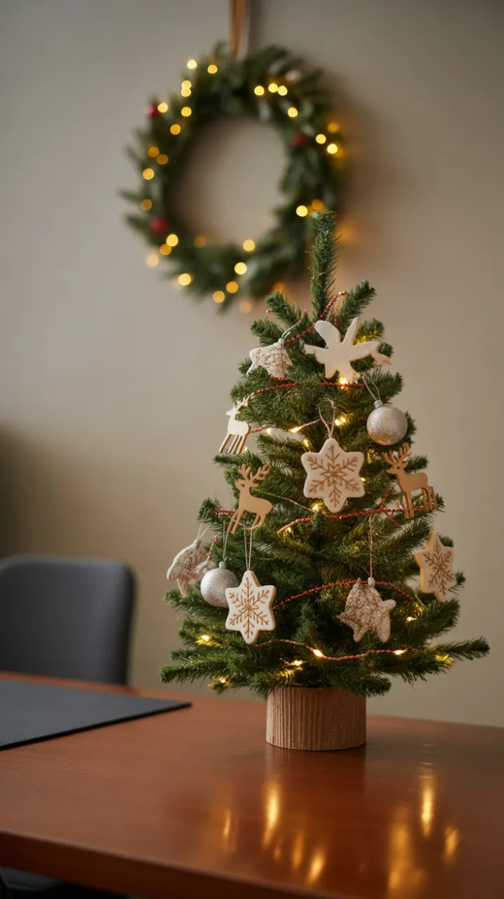 Handcrafted Desk Christmas Tree Bathes Office in Warm Holiday Glow