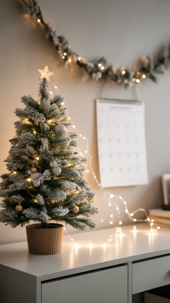 Cozy Frosted Mini Christmas Tree Lighting a Minimalist Office Desk