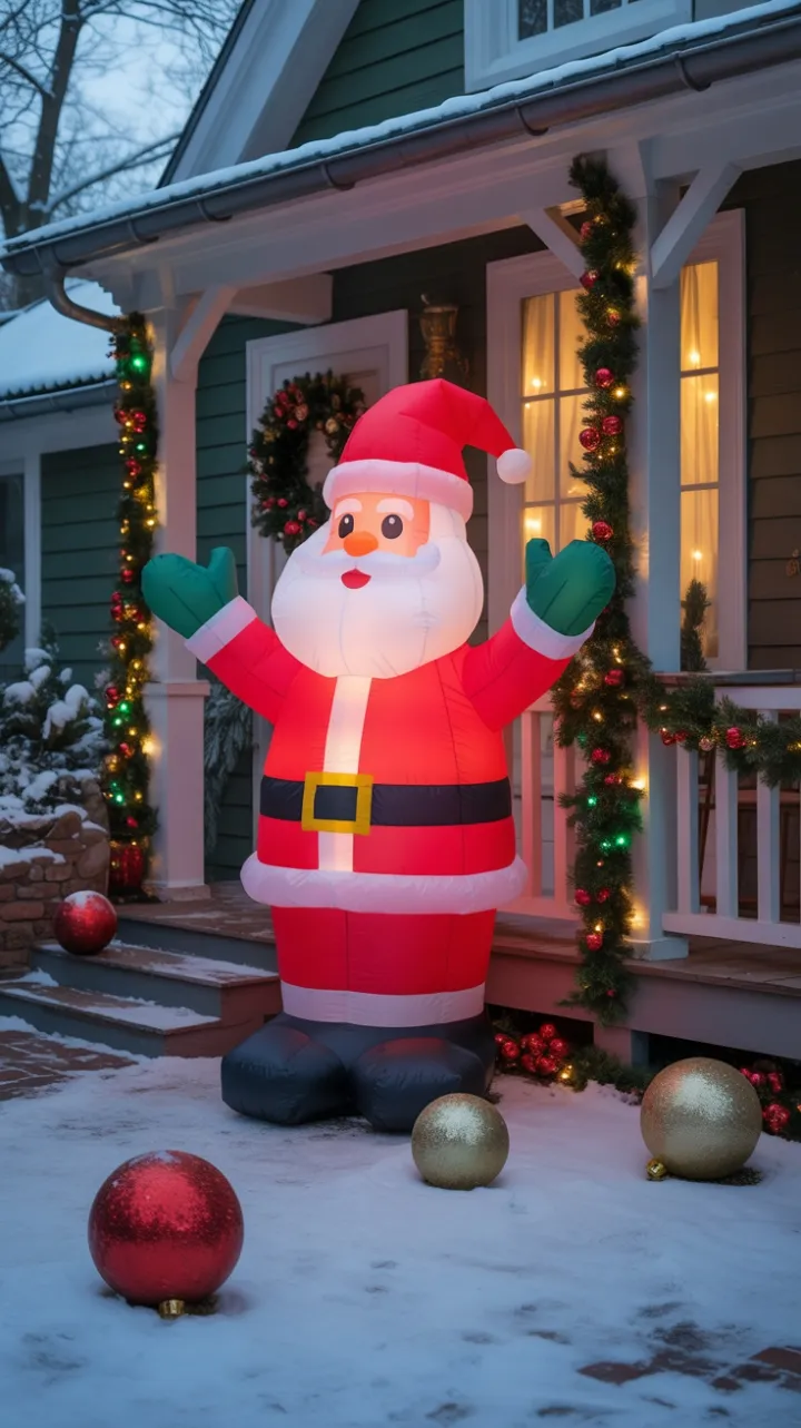 Twinkling Santa Illuminates a Snow-Covered Christmas Porch