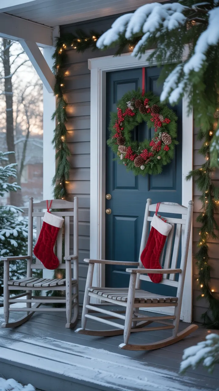 Snow-Kissed Porch with Rocking Chairs and Twinkling Holiday Lights