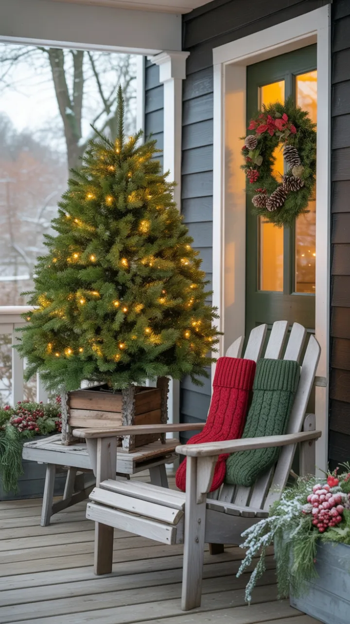 Snow-Kissed Holiday Porch with Rustic Sleigh and Warm Golden Glow