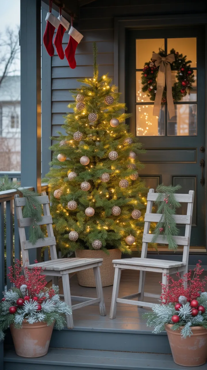 Rustic Christmas Porch with Twinkling Lights and Cozy Stockings